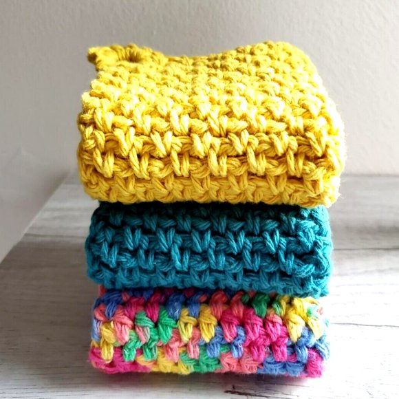 3 Crochet DISHCLOTH WASHCLOTH 100% Cotton Handmade Rainbow Teal Mustard - Picture 8 of 15